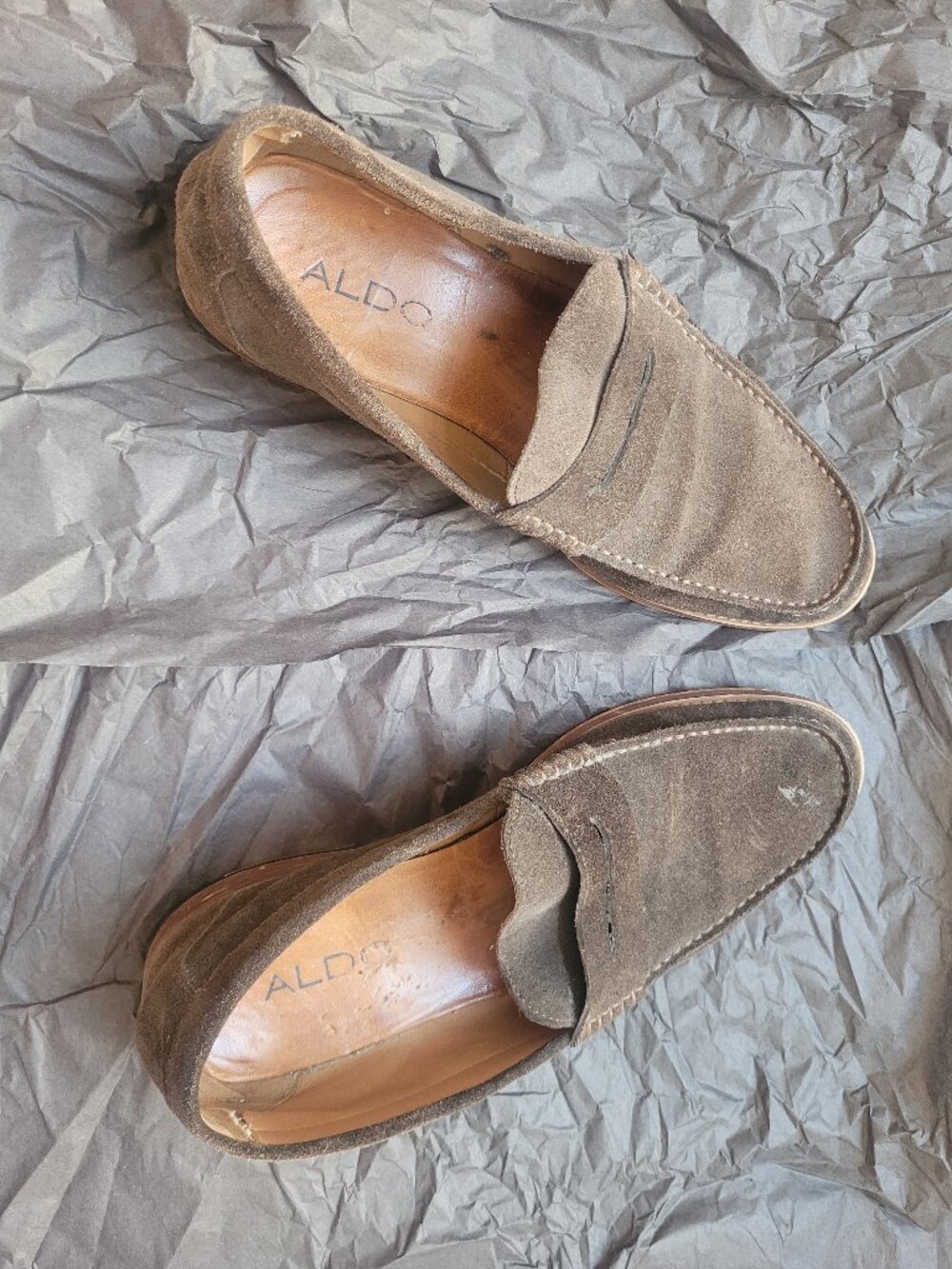 AS IS Used Aldo Mens Suede Dark Brown Penny Loafer Slip On Dress Shoes US 9.5